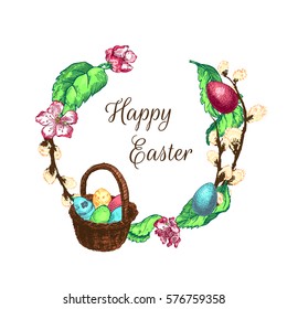 Vector Illustration of Color Happy Easter Hand Drawn Set for Design, Website, Background, Banner. Ink egg, willow and cake Holiday Element Template