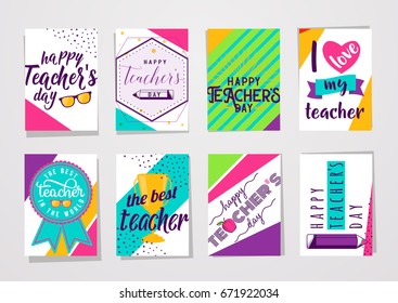 Vector illustration of color happy teachers day lettering typography card set. Greeting design for poster, banner with eyeglasses, cup, bow, medal, pencil, apple in hipster motion dynamic style