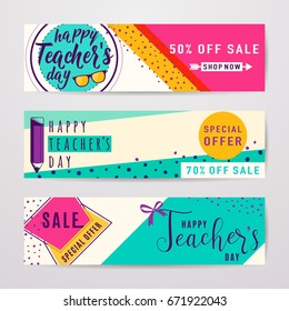 Vector illustration of color happy teachers day sale inscription design template for poster, banner with eyeglasses, bow, pencil, dots, spots in simple hipster motion dynamic style