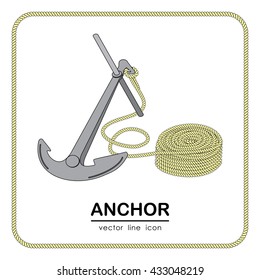 Vector illustration: Color icon of  anchor and rope on white background. Line design