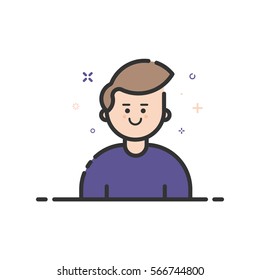 Vector illustration of color icon in flat line style. Linear cute and happy man. Graphic design concept of boy avatar use in Web Project and Applications Outline isolated object.