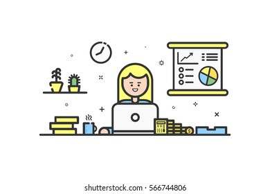 Vector illustration of color icon in flat line style. Linear cute and happy girl. Graphic design concept of woman financial accountant use in Web Project and Applications Outline isolated object.