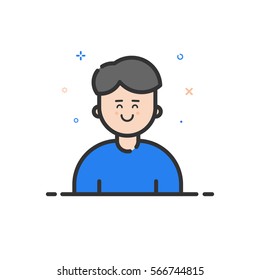 Vector illustration of color icon in flat bold line style. Linear cute and happy man. Graphic design concept of boy avatar use in Web Project and Applications Outline isolated object.