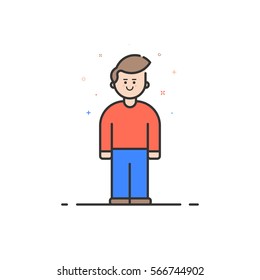 Vector illustration of color icon in flat bold line style. Linear cute and happy boy. Graphic design concept of man use in Web Project and Applications Outline isolated object.