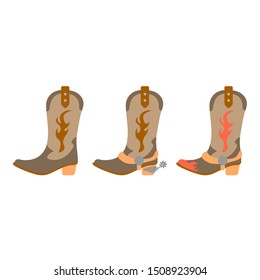 Vector illustration color icon set simplified leather cowboy boots. Wild west cowboy authentic symbol. Background american folkloric decoration ethnic vintage object. Equipment for rodeos drovers.