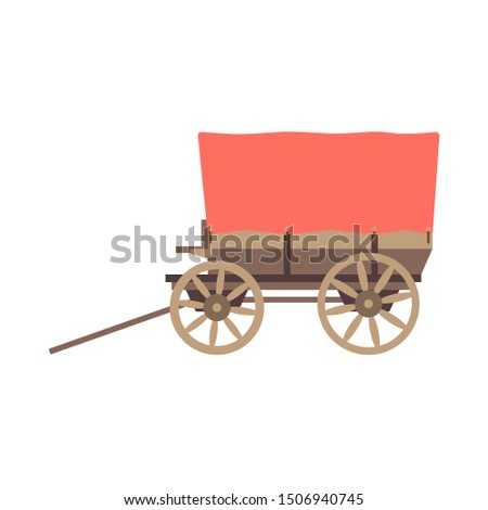 Vector illustration color icon with simplified prairie schooner waggon. Wild west cowboy authentic symbol. Background american folkloric decoration ethnic vintage object. Wooden farmers cart, caravan.