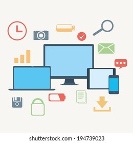 vector illustration of color icons of modern gadgets on a beige background