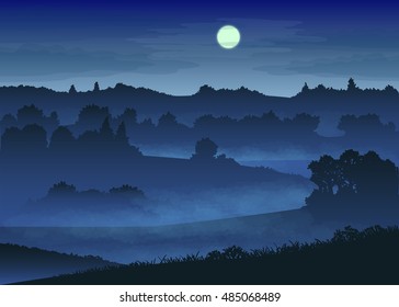 vector illustration with color misty landscape in the moonlight