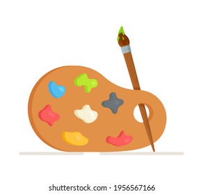 Vector illustration. Color palette and brush, artist icon flat design. Emblem for drawing school or drawing store. 