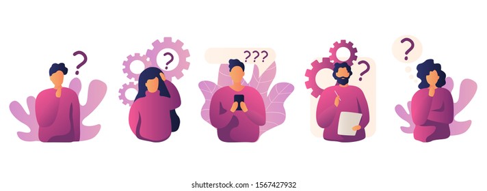 Vector illustration of color people profile with question marks talk bubbles.