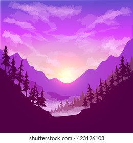 vector illustration color picture with a view of the forest and mountains