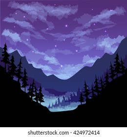 vector illustration color picture with a view of the forest and mountains