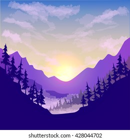 vector illustration color picture with a view of the forest and mountains