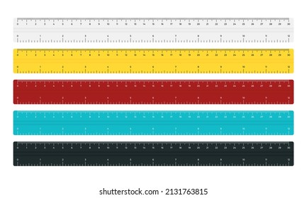 Vector illustration color plastic tape rulers 30 cm and 12 inches isolated on white background. Set of realistic school measuring rulers in flat style. Double sided measurement in centimeter and inch.