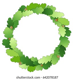 Vector illustration of a color round continuous wreath of green oak leaves and brown acorns. Isolated image on white background. Different shades of green, a symbol of power, courage, masculine.