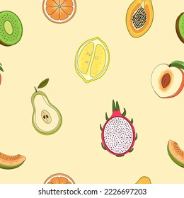 Vector illustration. Color seamless pattern background. Graphic vintage hand drawn wallpaper. Tropical fresh fruits. Design elements for social media, cover, wrapping paper. Abstract ornament texture