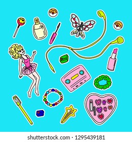 Vector illustration with a color set of things from the 90s. 90`s stickers on color background. 90's style vector isolated objects and graphic elements. Bright design for stickers and printing
