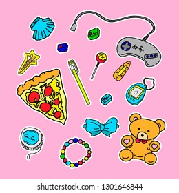 Vector illustration with a color set of things from the 90s. 90`s stickers on color background. 90's style vector isolated objects and graphic elements. Bright design for stickers and printing