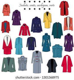 Vector illustration of a color set of top warm clothes - jackets, coats, cardigans