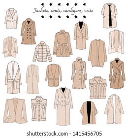 Vector illustration of a color set of top warm clothes - jackets, coats, cardigans