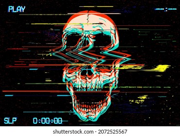 Vector illustration of color shaded digital glitch screaming skull in the style of modern grunge design.