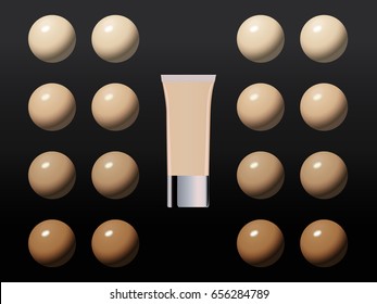 Vector Illustration of Color Shades Drops Palette For Foundation. Make up cosmetic products for banner, poster. Liquid foundation with cream tube On a black background. Vector illustration