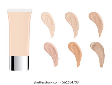 Vector Illustration of Color Shades Palette For Foundation.Make up cosmetic products for banner, poster. Liquid foundation background with cream tube. Vector illustration