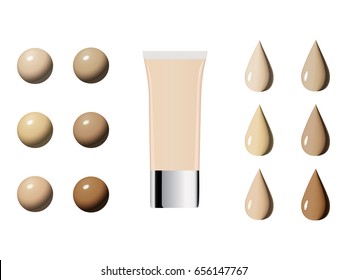 Vector Illustration of Color Shades Palette For Foundation.Make up cosmetic products for banner, poster. Liquid foundation background with cream tube. Vector illustration