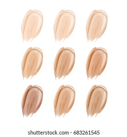 Vector Illustration of Color Shades Palette For corrector Make Up.Collection of make up cosmetic liquid foundation strokes on white.Tone cream,concealer.