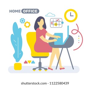 Vector illustration of color side view interior home office room workspace with woman, plant. Flat style design of worker and abstract workplace, office department for web, banner