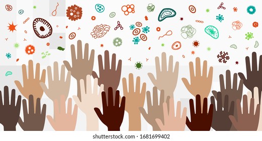 vector illustration of color skin hands raised in the air and microbes and bacteria spreading in the air