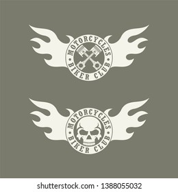 Vector illustration in color of a skull and ram on fire with text. Biker logo illustration