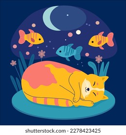 Ilustración vectorial del gato del personaje dormido de color sobre fondo oscuro. Diseño de líneas de dibujo a mano para web, sitio, publicidad, banner, afiche, tablero, impresión y tarjeta.