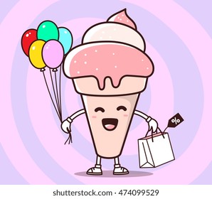 Vector illustration of color smile ice cream with shopping package, air balloons on pink background. Creative cartoon ice cream concept. Doodle style. Thin line art flat design of shopping ice cream