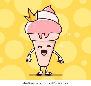 Vector illustration color smile ice cream and yellow crown spot background  Creative cartoon ice cream concept  Doodle style  Thin line art flat design character royal ice cream