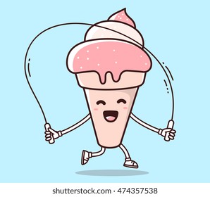 Vector illustration of color smile ice cream with skipping rope on blue background. Fitness cartoon concept. Doodle style. Thin line art flat design of ice cream for sport, lose weight, fitness