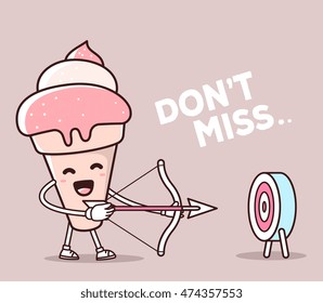 Vector illustration of color smile ice cream shooting arrows on light background. Creative archery cartoon concept. Doodle style. Thin line art flat design of character ice cream for business, sport