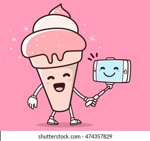 Vector illustration of color smile ice cream with phone making selfie on pink background. Selfie cartoon concept. Doodle style. Thin line art flat design of character ice cream for mobile selfie theme