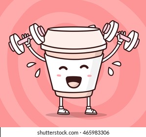 Vector illustration of color smile take away coffee cup lifts dumbbells on red background. Fitness cartoon concept. Doodle style. Thin line art flat design of character coffee cup for sport, energy