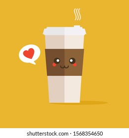 Vector illustration of color smile takeaway coffee cup with bubble speech on yellow background. Creative cartoon coffee concept. Doodle style. Thin line art design of thinking character coffee cup