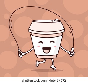 Vector illustration of color smile takeaway coffee cup with skipping rope on brown background. Fitness cartoon concept. Doodle style. Thin line art flat design of energy, fitness character coffee cup