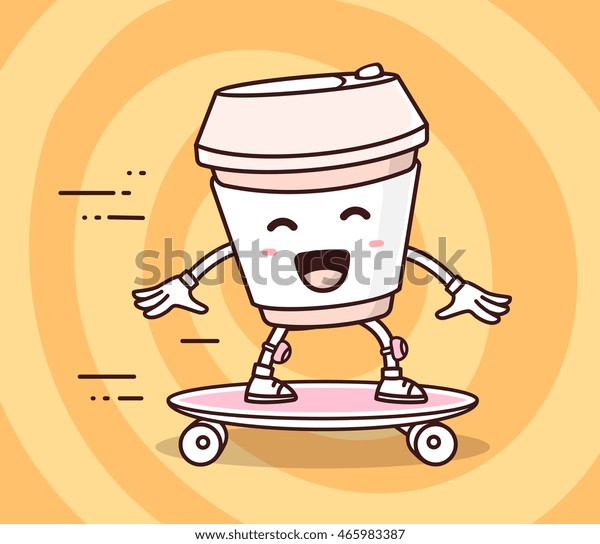黄色い背景にスケートボードに乗ったカラースマイルのコーヒーカップのベクターイラスト スケートボードの漫画のコンセプト 落書き風 スポーツ用キャラクターコーヒーカップの細線アートフラットデザイン のベクター画像素材 ロイヤリティフリー