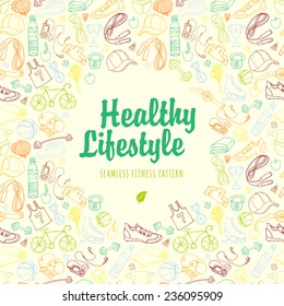 Vector illustration Color Sport and fitness seamless doodle pattern with round frame for your text