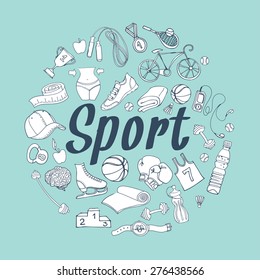 Vector illustration Color Sport and fitness doodle pattern frame for your text