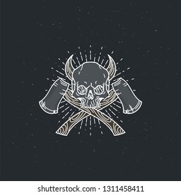 Vector illustration of color tattoo graphic human skull with axes and horns. Lined symbol