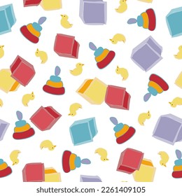 Vector illustration of color toys for kids. Baby items toys pattern. 