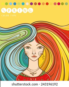 Vector illustration of color type of girl - spring. Spring girl. Colors for spring-type appearance. Warm and bright. eps 10
