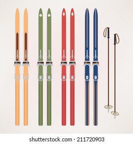 Vector Illustration With Color Variations: Cross Country Old Fashioned Skis With Classic Cable Bindings And Ski Poles | Touring Skiing Equipment: Differently Colored Retro Touring Skis And Poles 