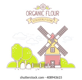 Vector illustration of color yellow and red  windmill and green rural garden on white background.Agribusiness.Thin line art flat design of mill for farming web,site,agricultural application,interface