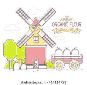 Vector illustration of color yellow and red  windmill and green rural forest on white background.Agribusiness.Thin line art flat design of mill for farming and agricultural theme